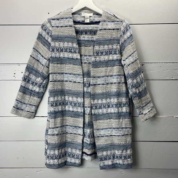 H&M Blue & White Long Line Woven Jacquard Tapestry Printed Jacket Shacket XS - Picture 1 of 6